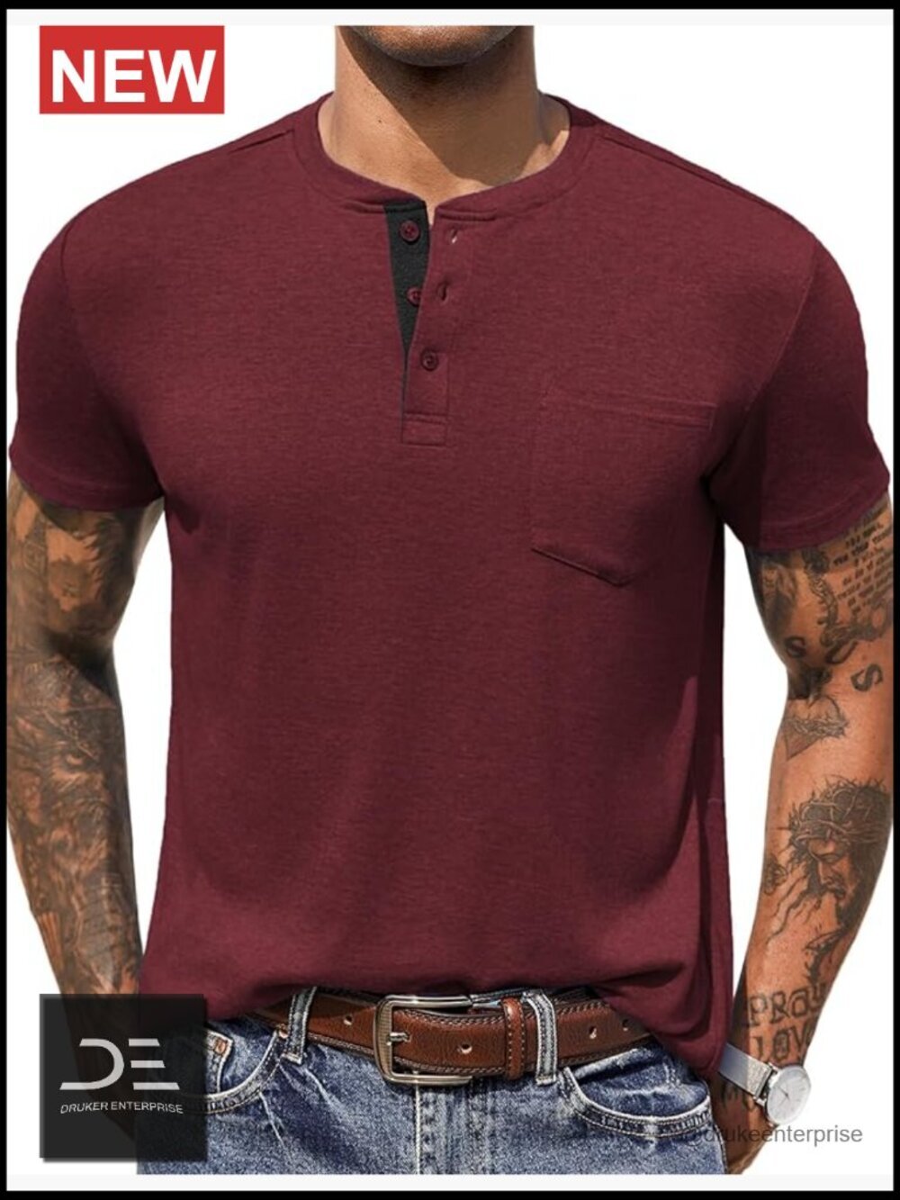 Men's Henley Short Sleeve Button T-Shirt with Pocket